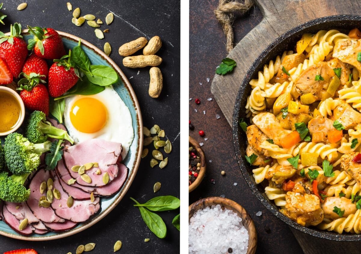 Un piatto keto con una combinazione di alimenti Low Carb come verdure, avocado, carne magra e noci contro un piatto di pasta con piselli carne e funghi